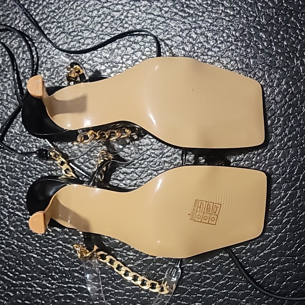 Sexy Black and Gold Chain Crossover Ankle Strap Heels Shoes - Picture 7 of 7